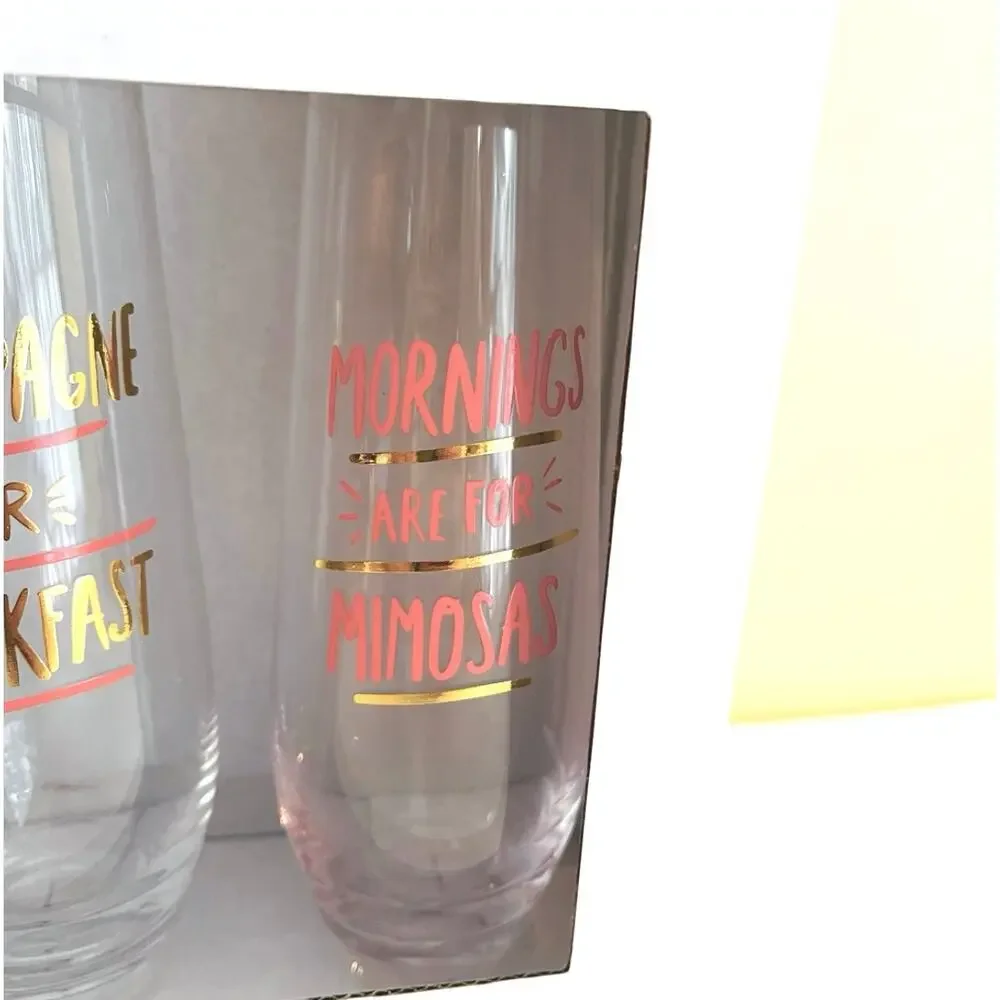 2 Stemless Champagne Mimosas Flute Glasses Hello World Gift Set About Face